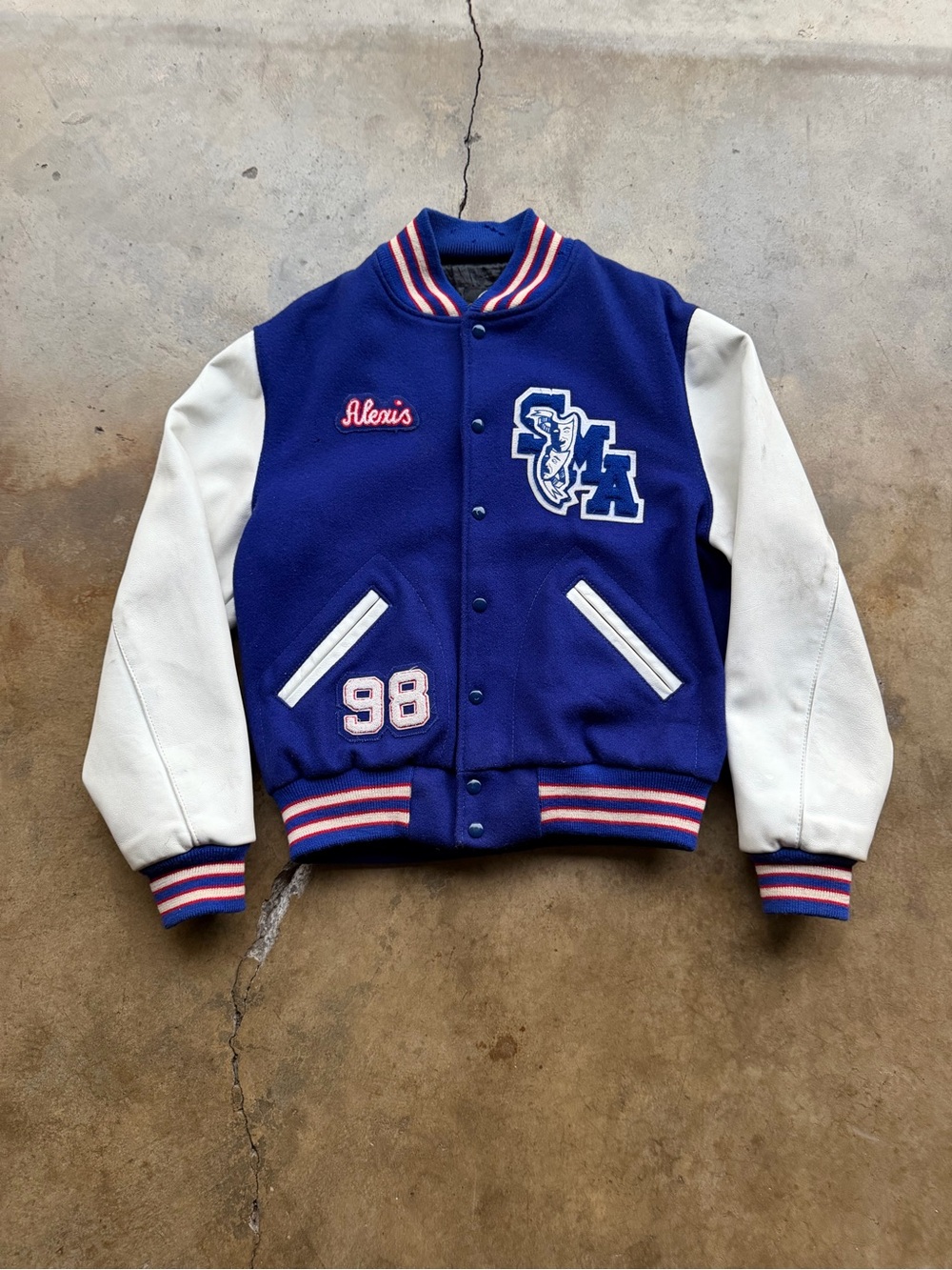 Custom Blue & White Letterman Jacket with '98 Patch